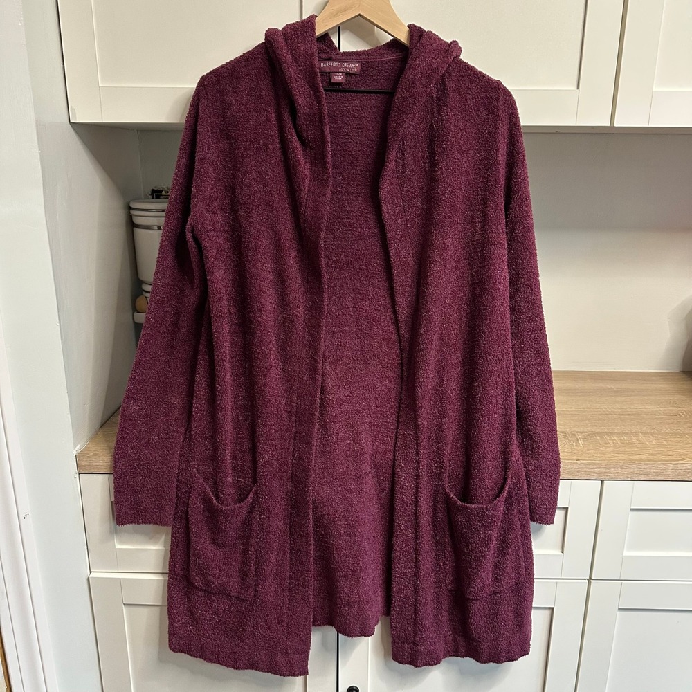 Barefoot Dreams Womens CozyChic Lite Cardigan XS/S Berry Hooded Pockets Lounge